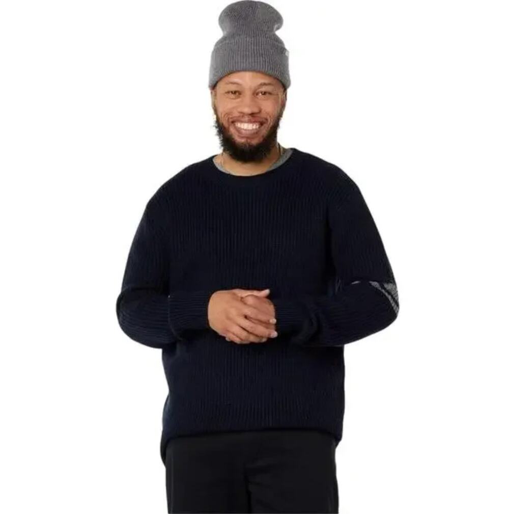 LABEL Men's Go-To Sweater XS Navy Blue Light Grey Knit Crewneck Merino Wool NWT